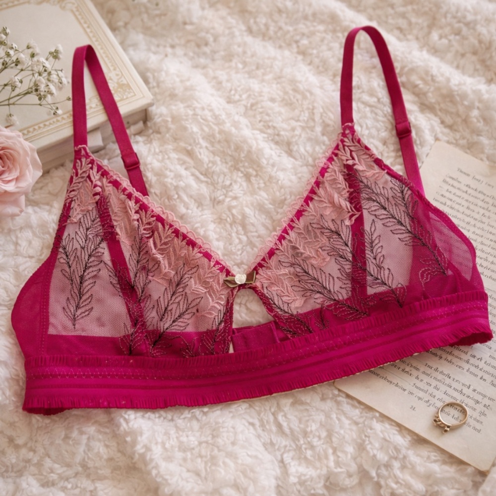 Anthropologie LyreBird Pink Embroidered Lace Bralette Sheer Floral Mesh L